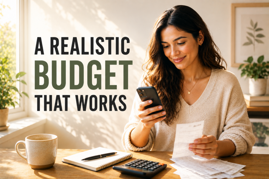 Woman creating a realistic household budget while reviewing receipts and checking expenses on her phone