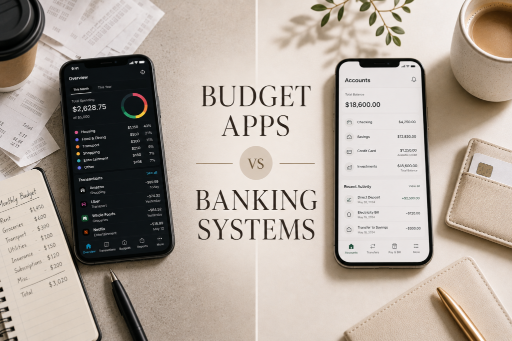 Minimal split-screen comparison of budget apps and banking systems with a cluttered budgeting setup on one side and a calm minimalist banking setup on the other.