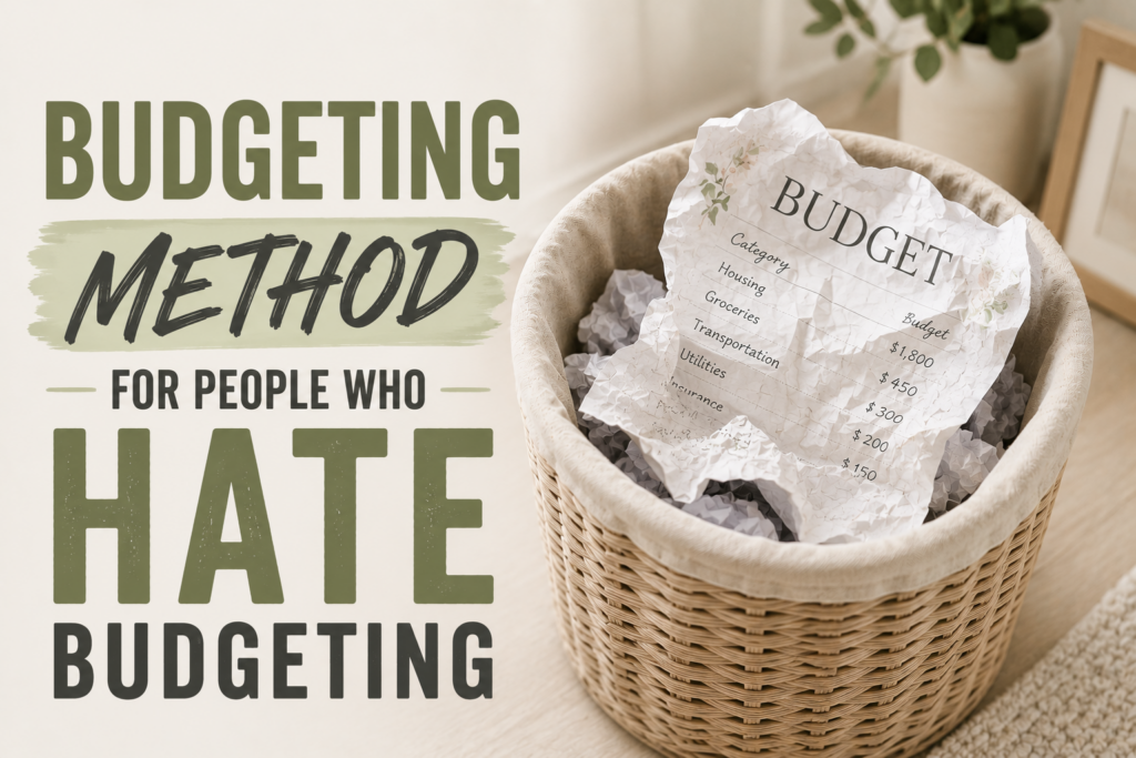 People who hate budgeting featured image with crumpled budget printable in wicker basket