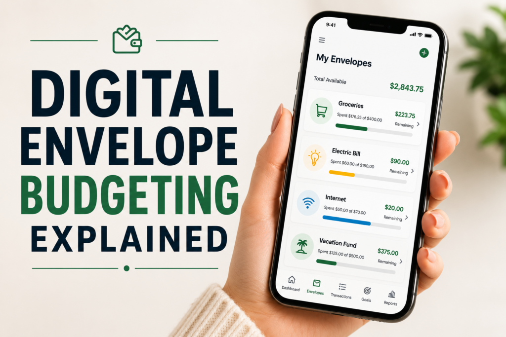 Woman holding a smartphone displaying a digital envelope budgeting app with categories for groceries, electric bill, internet, and vacation fund.