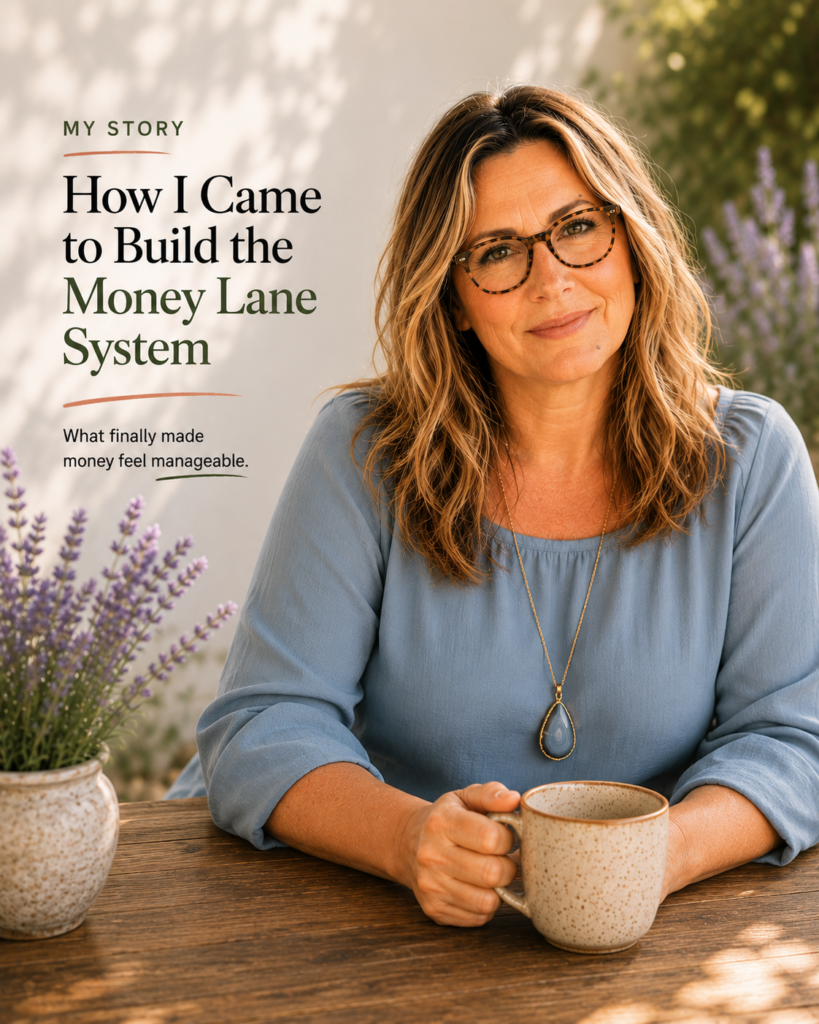 Warm editorial-style featured image of E. Simms sitting outdoors with a ceramic mug, wearing a muted blue blouse and agate pendant beside lavender plants, with the title “How I Came to Build the Money Lane System” displayed in elegant serif typography.