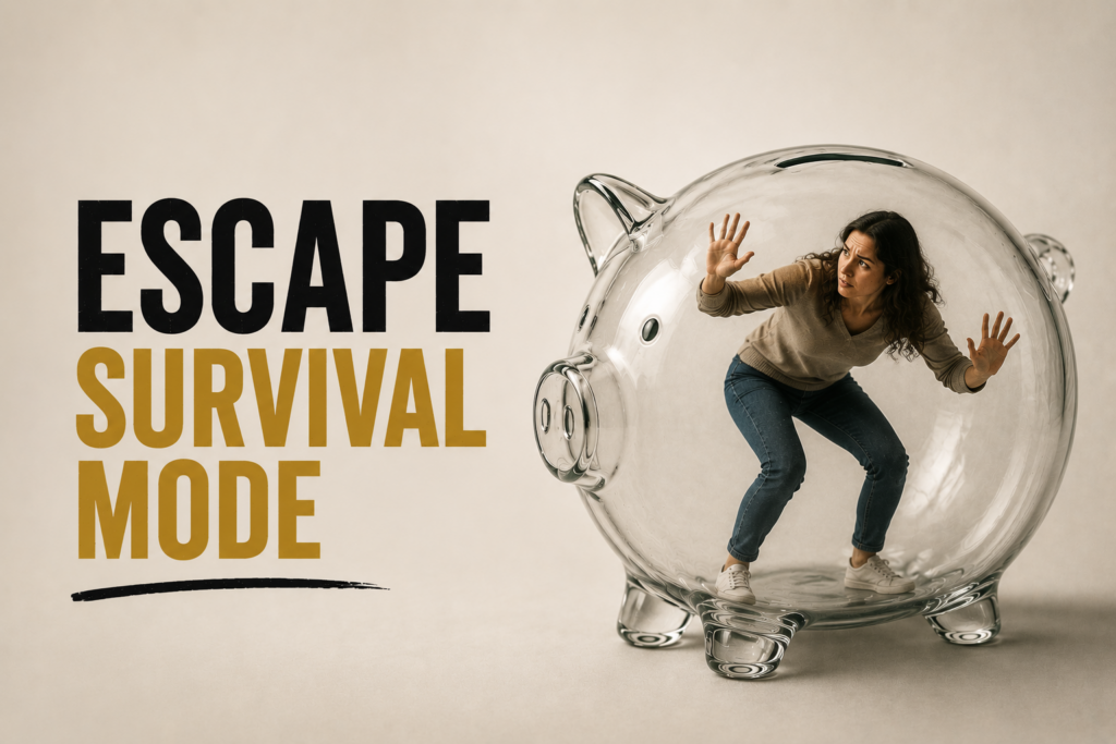 Woman trapped inside a glass piggy bank beside headline about escaping financial survival mode