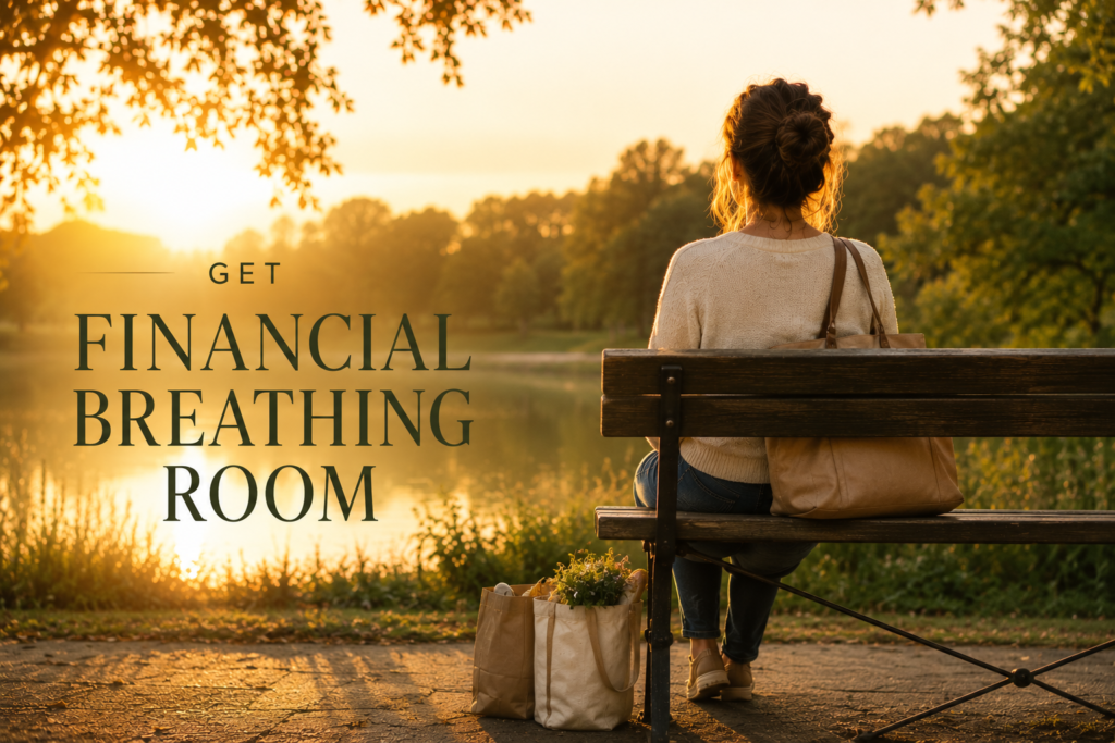 Woman sitting on a park bench with shopping bags at golden hour representing financial breathing room, budgeting relief, and escaping paycheck-to-paycheck stress