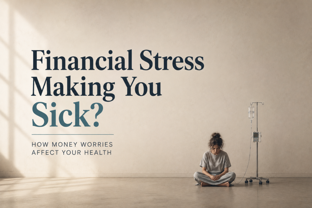 Woman experiencing financial stress sitting beside an IV drip under the headline “Financial Stress Making You Sick?” illustrating the physical effects of money anxiety and debt stress