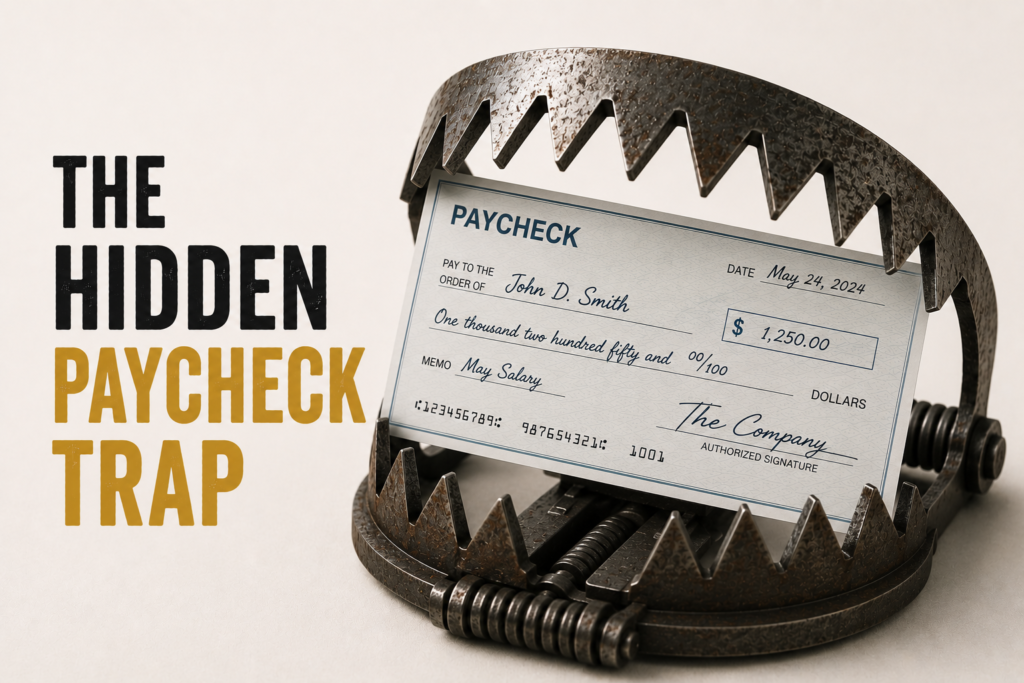 Paycheck caught in a metal trap beside headline about hidden paycheck-to-paycheck money traps