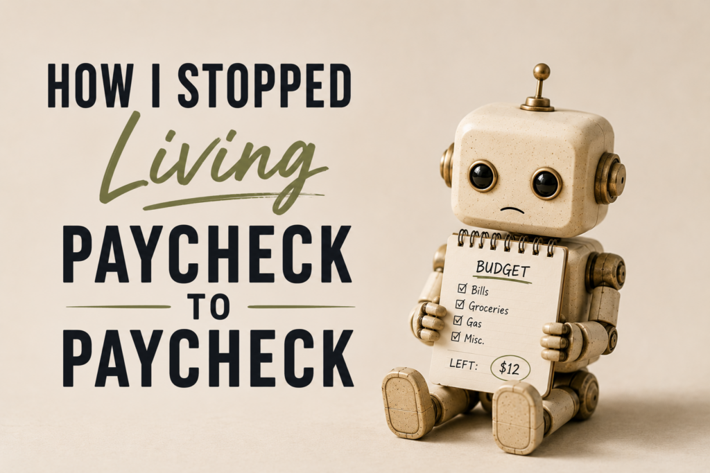 Beige toy robot holding a small budget notebook beside the text “How I Stopped Living Paycheck to Paycheck” on a neutral background