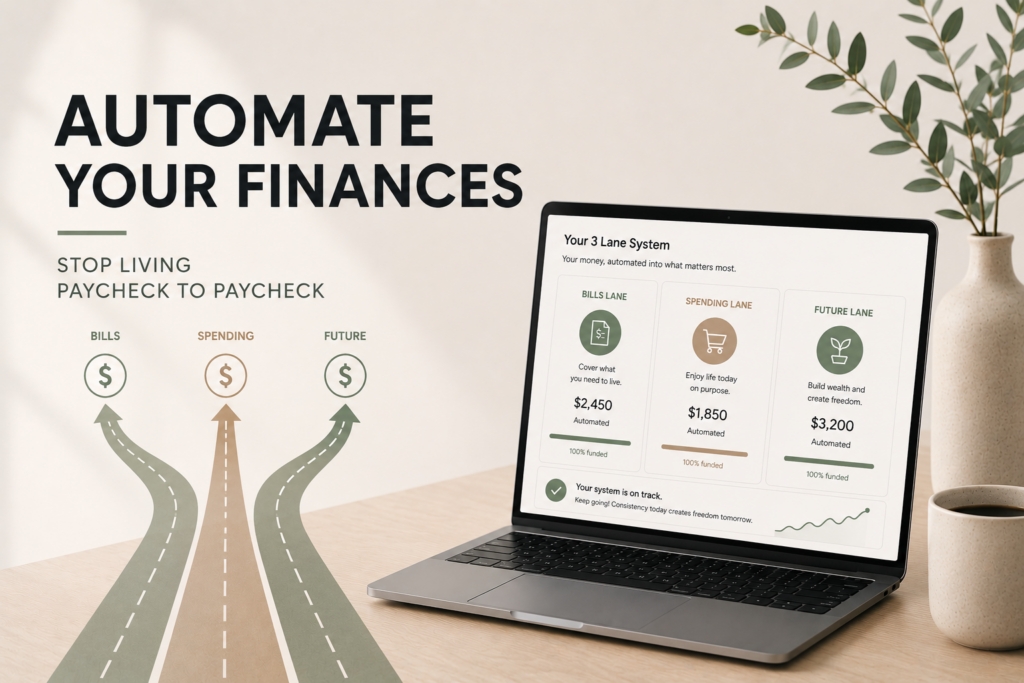 Automated budgeting system with 3 money lanes for bills spending and future savings beside a financial dashboard laptop