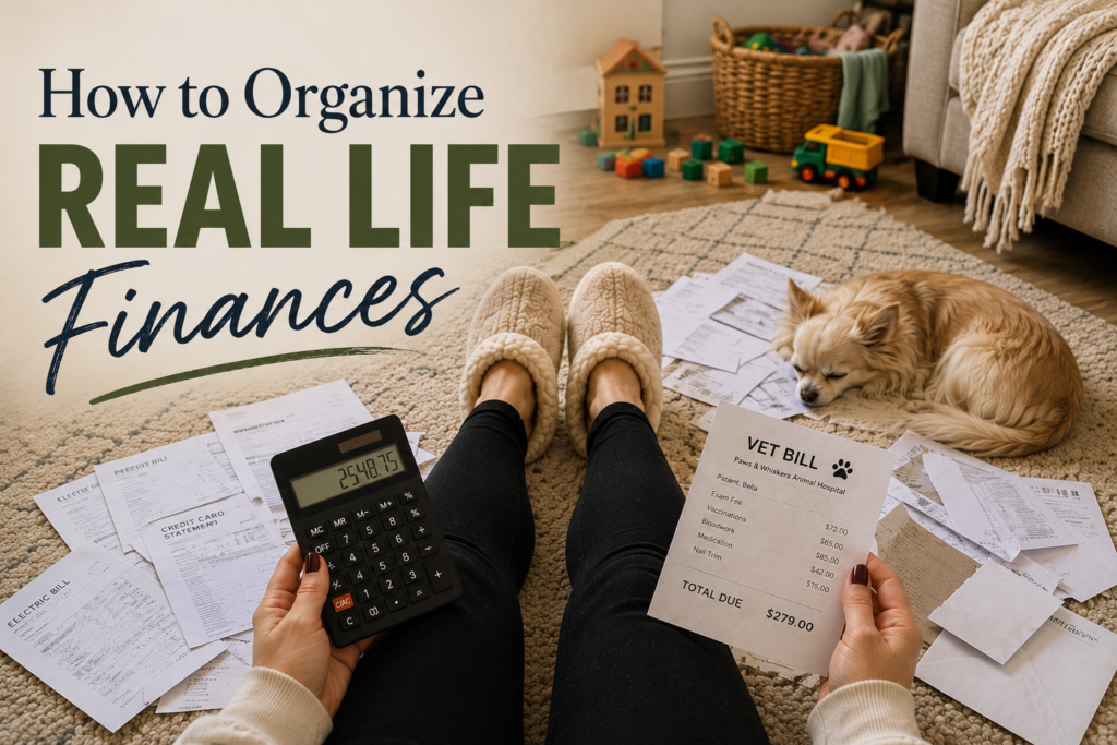 Woman organizing household finances on living room floor with bills and calculator trying to budget her monthly bills