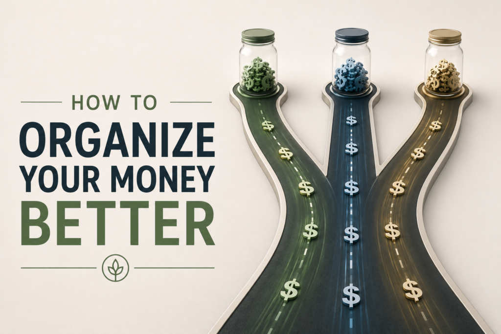 Illustration showing a simple money management system with organized financial lanes, dollar signs, and savings jars