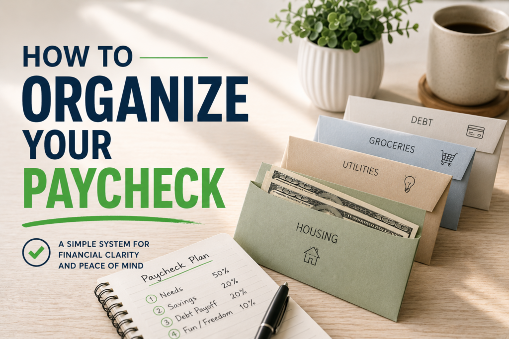 Organized paycheck budgeting system with bill envelopes for housing, groceries, utilities, savings, and debt payoff on a minimalist desk
