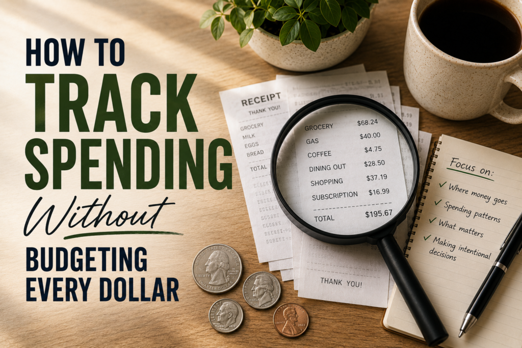 Magnifying glass over receipts and coins on a warm wooden desk illustrating how to track spending without budgeting every dollar