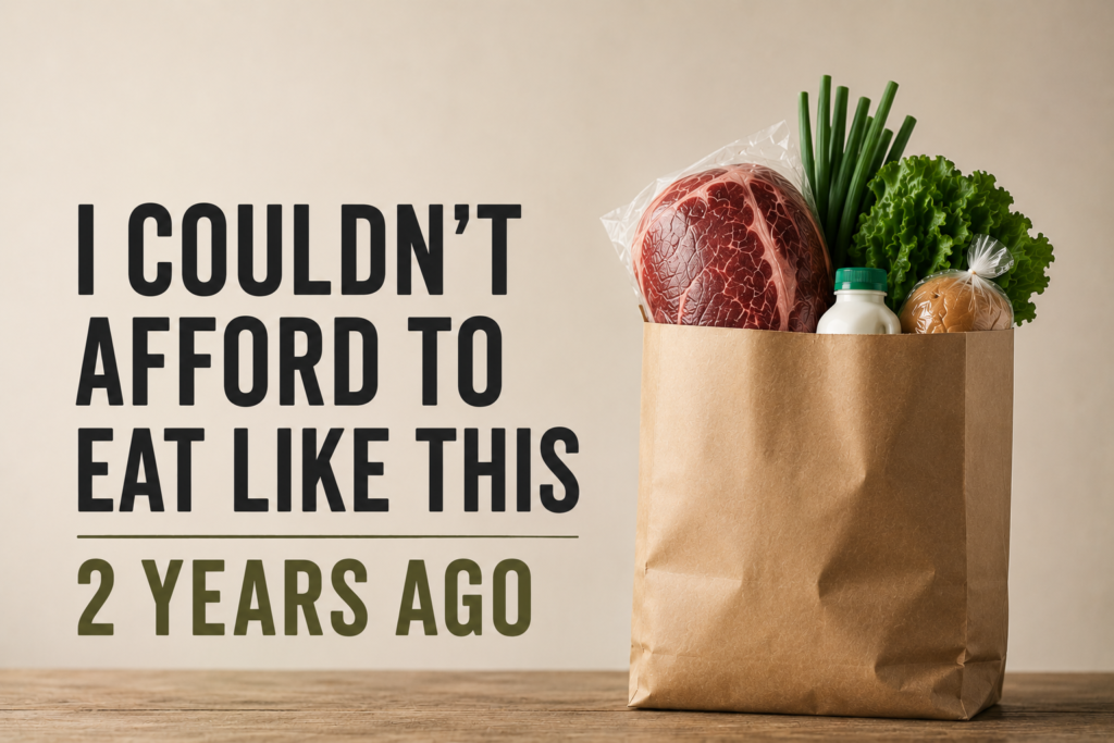 Paper grocery bag with fresh groceries and roast beside text about financial breathing room and affording groceries after financial improvement