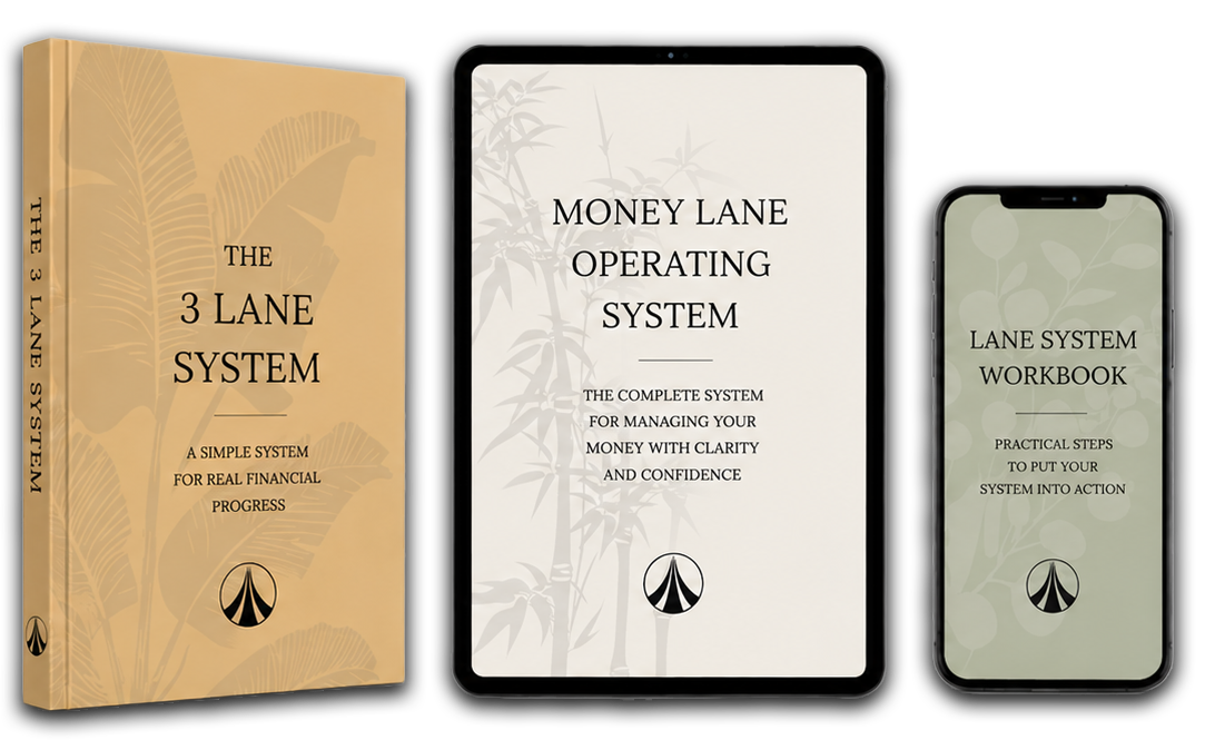 Money Lane System financial education bundle featuring The 3 Lane System book, Money Lane Operating System iPad guide, and Lane System Workbook mobile workbook.