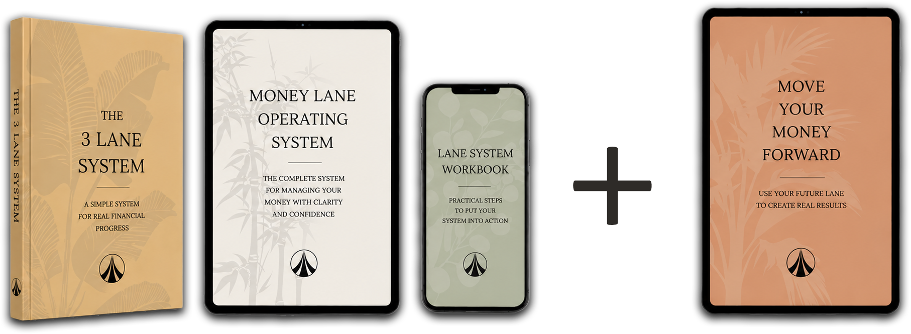 Money Lane System financial education bundle featuring The 3 Lane System book, Money Lane Operating System iPad guide, Lane System Workbook mobile workbook, and Move Your Money Forward expansion.