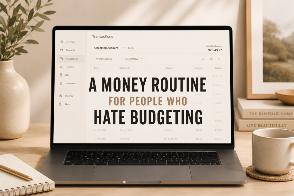 Simple money routine for people who hate budgeting shown on a minimalist laptop workspace with banking transaction screen
