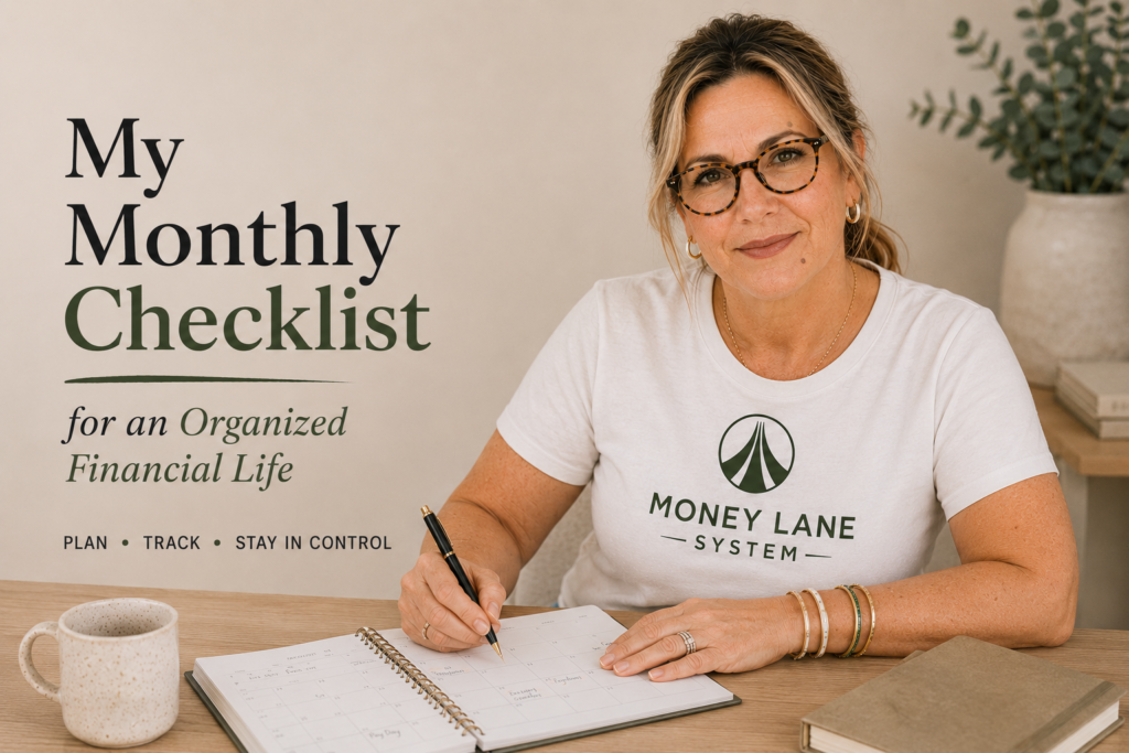 Woman using a monthly planner and calendar to organize finances and manage monthly budgeting tasks easily.