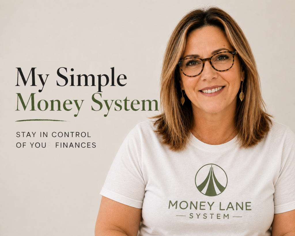 Woman smiling in white Money Lane System shirt beside text reading My Simple Money System and Stay in Control of Your Finances
