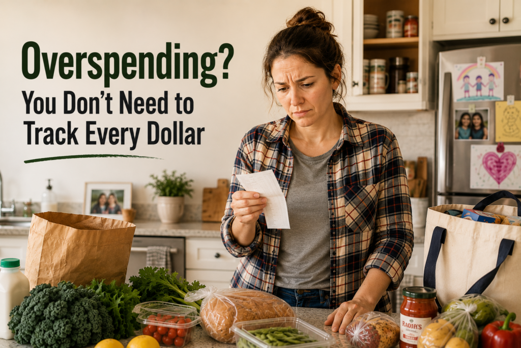 Woman checking a grocery receipt in a realistic family kitchen with unpacked groceries and kids’ drawings on the fridge, illustrating overspending and budgeting stress.