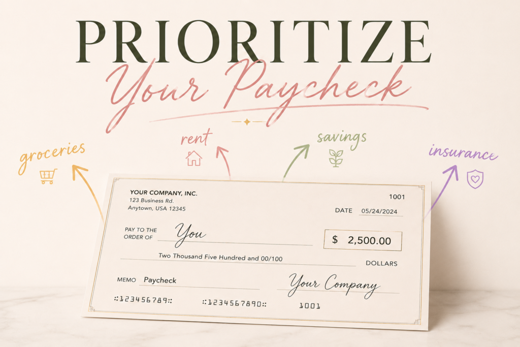 Paycheck prioritization graphic with arrows pointing to rent, groceries, savings, and insurance on a soft neutral background