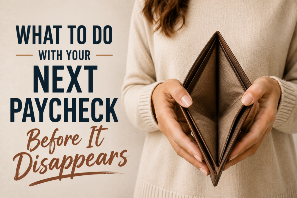 Woman holding empty wallet while living paycheck to paycheck