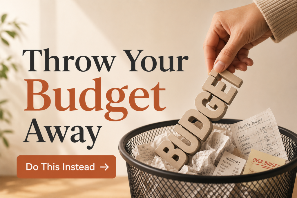 Hand dropping 3D budget letters into a trash can beside the words “Throw Your Budget Away”