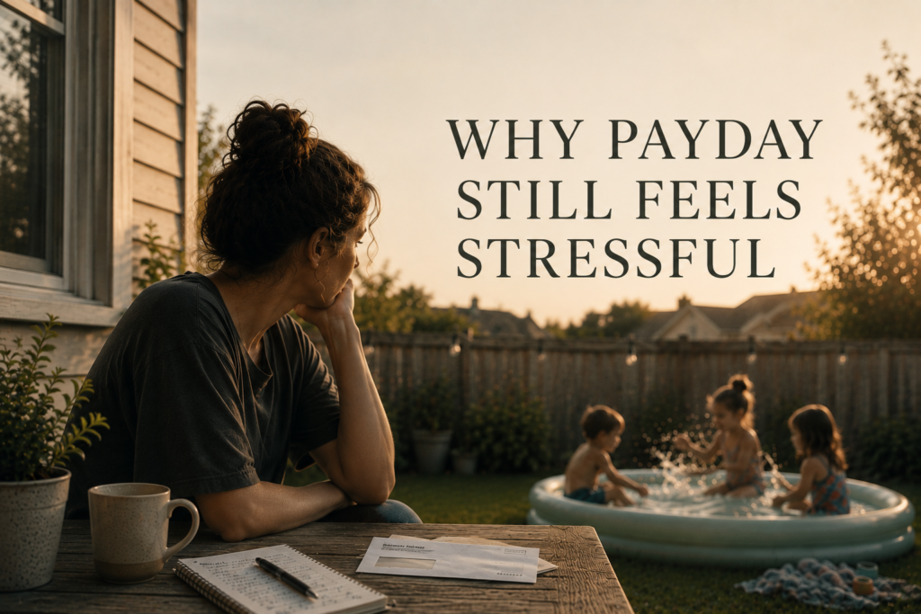 Mom feeling financial stress after payday while children play in a backyard pool
