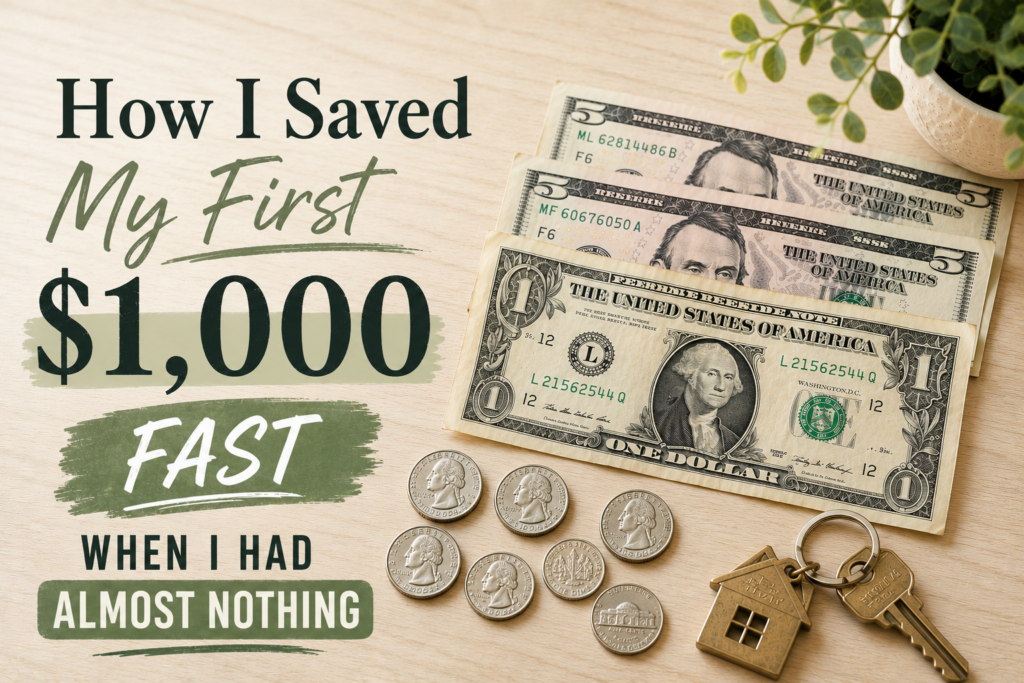 Woman's journey to save her first $1,000 emergency fund represented by cash, coins, and a house key on a table.