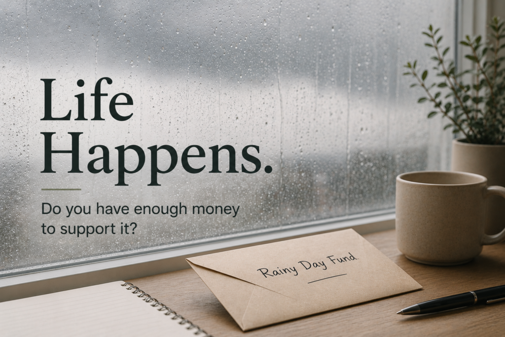Rainy window beside a rainy day fund envelope illustrating emergency fund savings and financial preparedness.