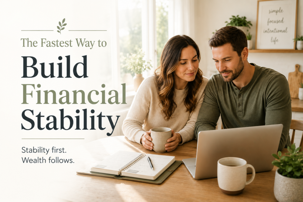 Couple reviewing finances together at a kitchen table while building financial stability through planning, emergency funds, and organized money management.