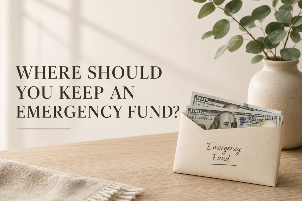 Emergency fund envelope with cash on a table showing the best place to keep emergency savings