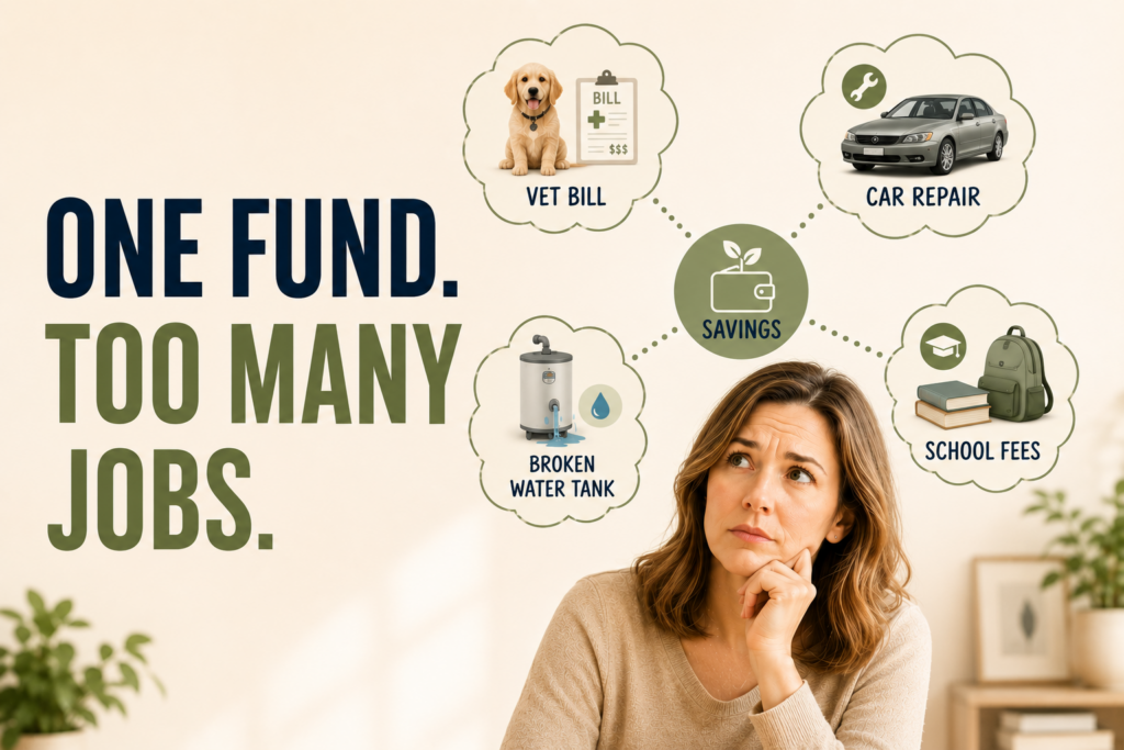Woman worried about unexpected expenses like car repairs, vet bills, school fees, and a broken water tank pulling money from one emergency savings fund